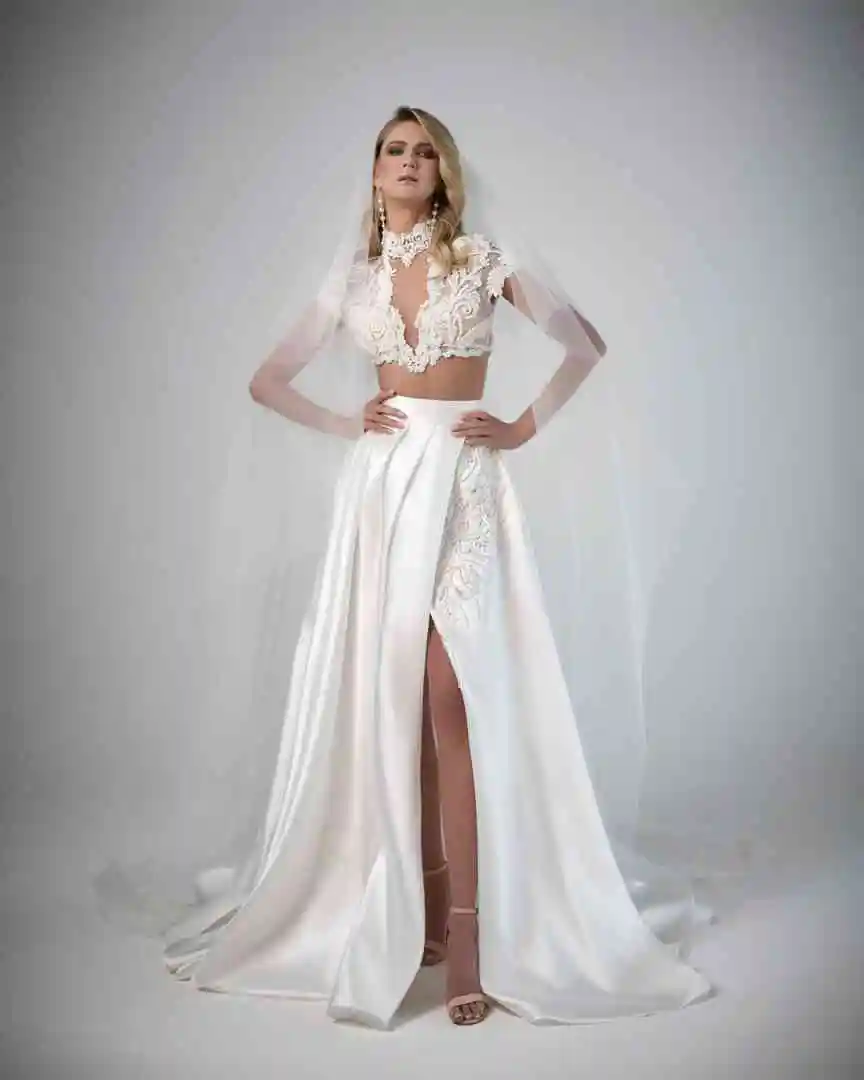 Elegant High Slit Two-Piece Bridal Gown Lace Satin High Neck Crop Top Sweep Train Wedding Dress свадебное платье Customized