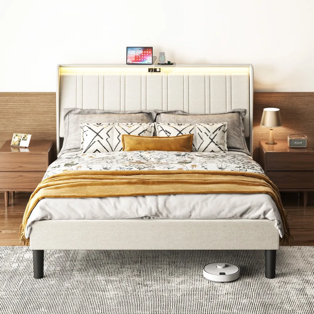 

Full Size Platform Bed Frame with Fabric Upholstered Headboard, USB/AC Outlets, 800lbs Capacity, Wood Slats Support