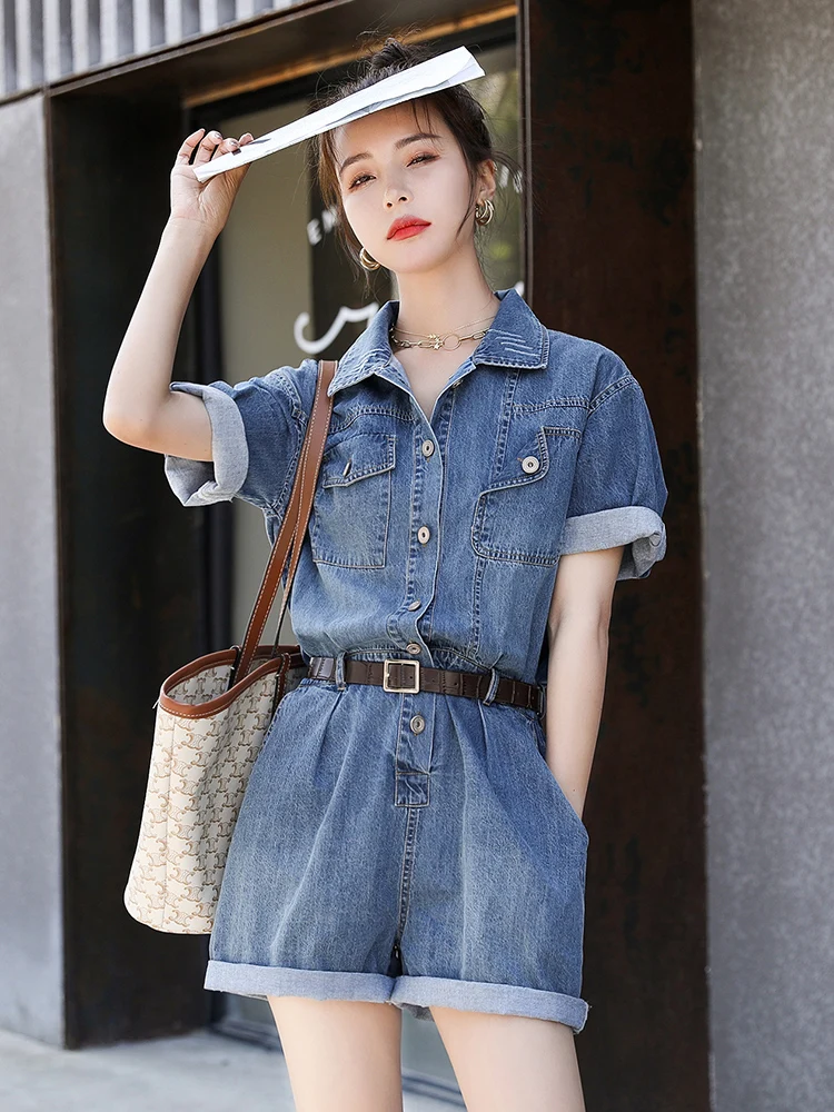 

Модные тонкие джинсовые комбинезоны-шорты для женщин, рабочая одежда, с завышенной талией, удобные для поездок на работу, летняя новинка