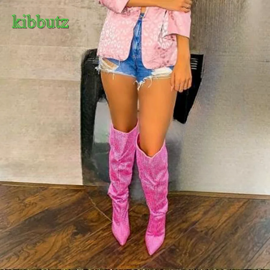 

Pink Crystal Rhinestone Pleated High Boots,Pointed Toe Triangle Heel Over The Knee Boots Women Shoes2023 New Zapatos Para Mujere