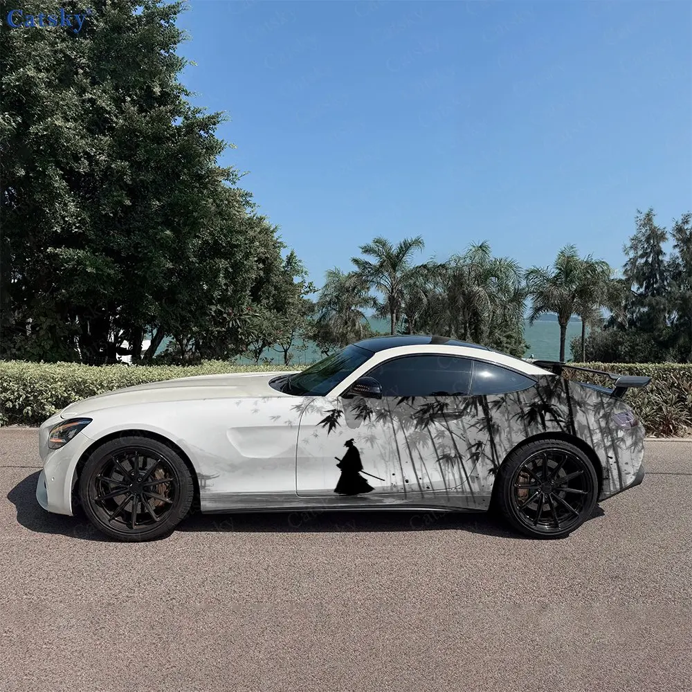 2pcs Ink Shadow Samurai Zen Spirit, Durable, Fade-resistant, Enhance Vehicle Aesthetics With Bold Artistic Design Car Vinyl Wrap