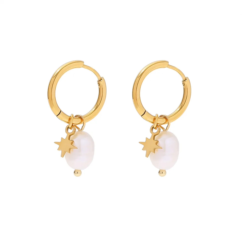 

Stainless Steel PVD 18K Gold Plated Tarnish Waterproof Natural Pearl Star Charm Earrings For Woman Jewelry Wholesale Trendy