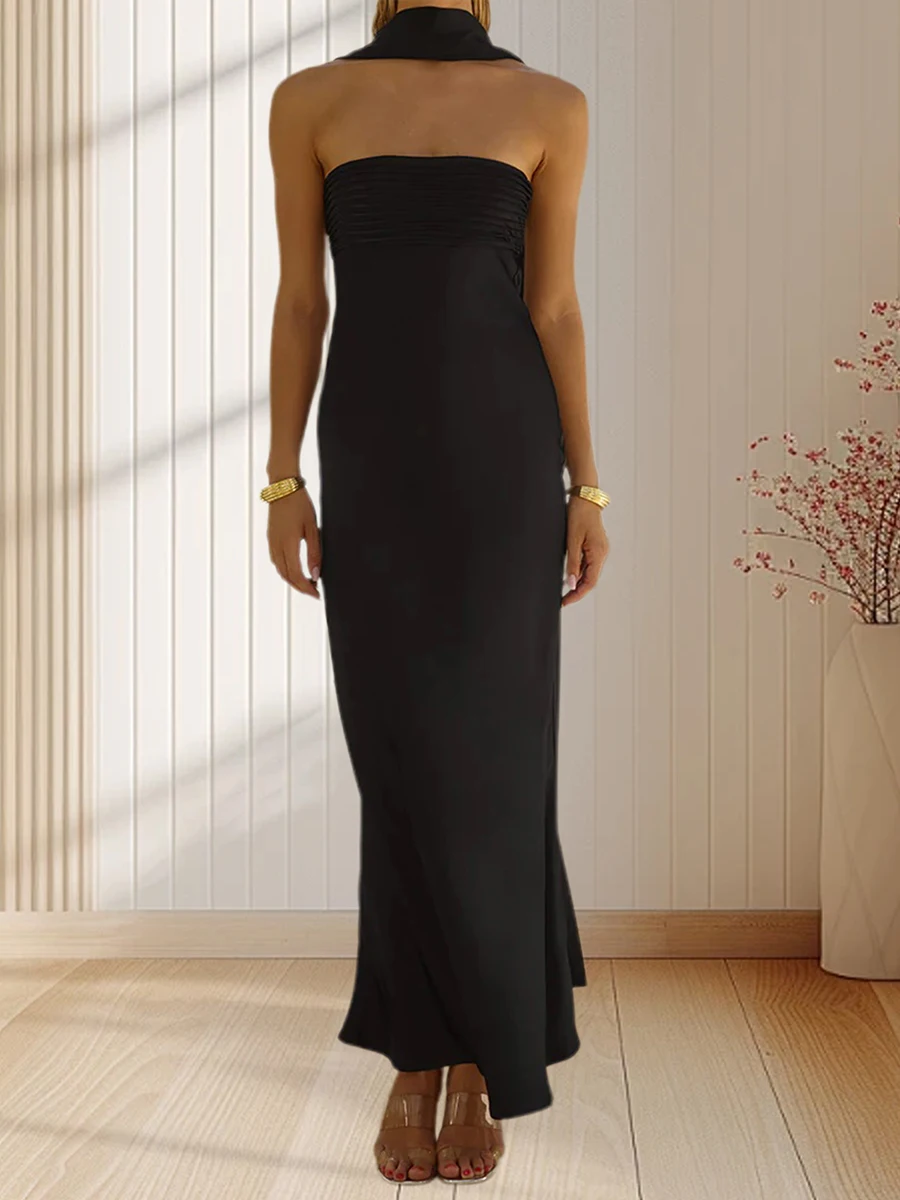 New Womens Long Satin Tube Dress Solid Color Low Cut Strapless Pleated Design Slim Dress Club Street Style S M L