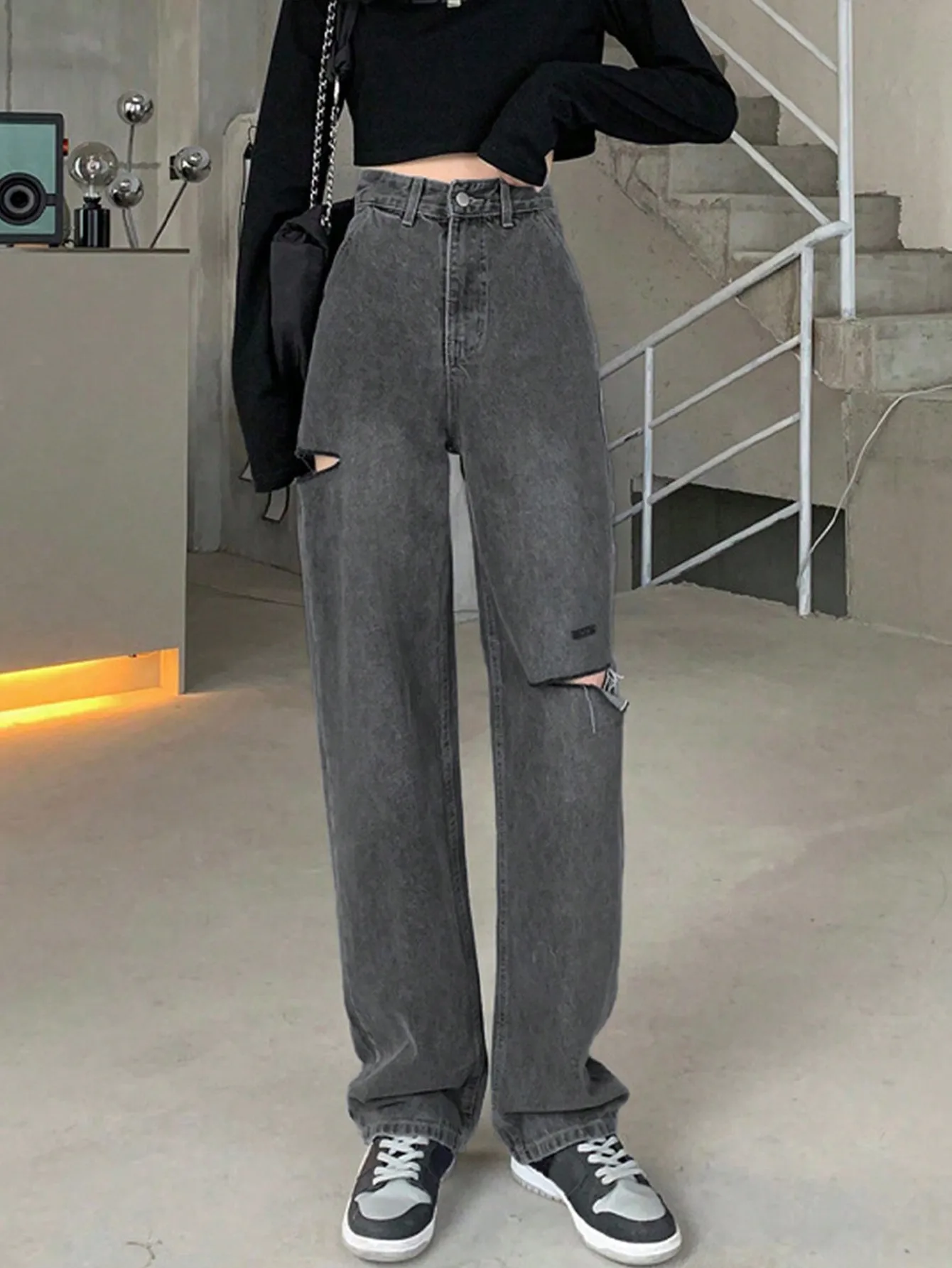 Korean Chic Early Autum American Street High-Waisted Ripped Jeans Loose Slimming Look Draped Straight Wide-Leg Pants for Women