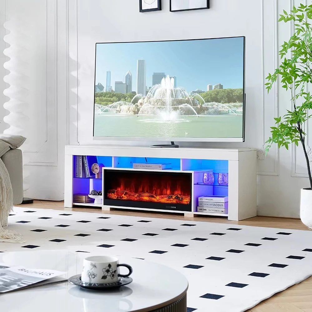 

63-дюймовый современный светодиодный стеклянный шкаф для хранения телевизора, электрический камин с белой подставкой для телевизора для гостиной