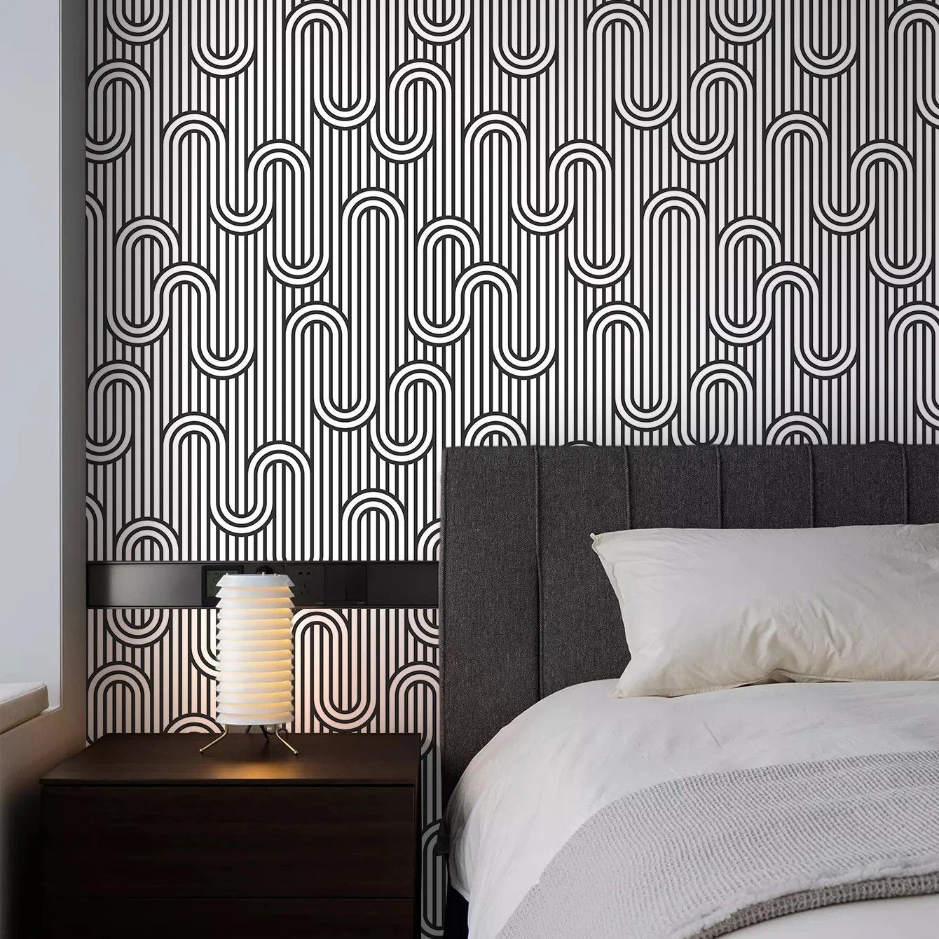 Black White Geometric Arch Stripe Peel and Stick Wallpaper Modern U Shape Line Contact Paper for Renters Furniture Renovation