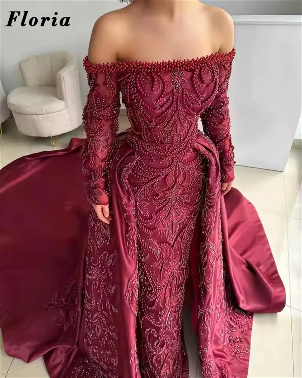

Luxury Burgundy Off Shoulder Cocktail Dresses Arabic Party Gowns Pearls Appliques Evening Dress With Detachable Skirt Customized