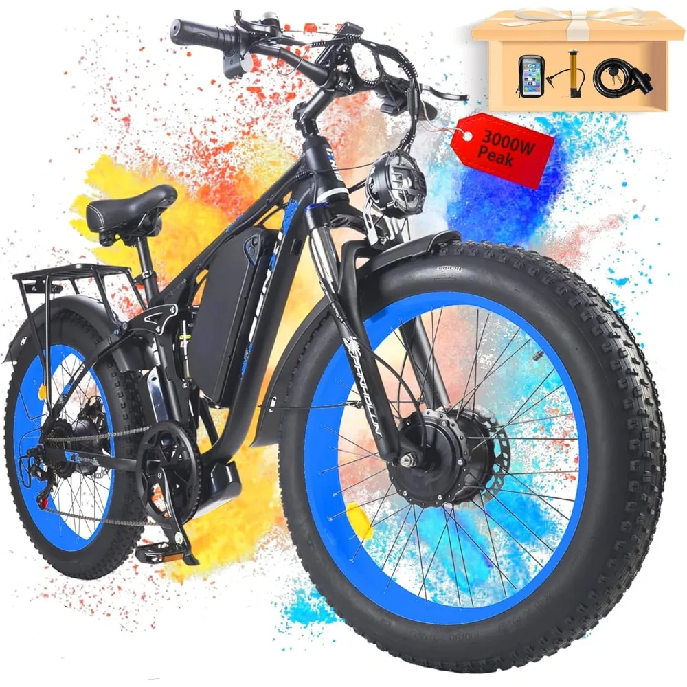 Dual-Motor 3000W Peak Electric-Bike, Full Suspension Ebikes, 26/24 Inch Fat Tire Hunting-Bike for Off-Road Mountain Snow