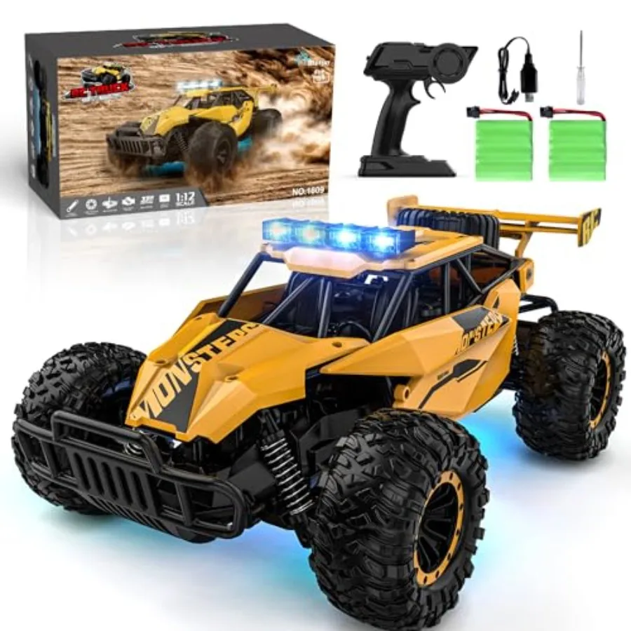 

Remote Control Car for Boys: 1:12 Off-Road Monster RC Truck with LED Headlights, ABS Plastic Body, Black/Red, Rechargeable Batt