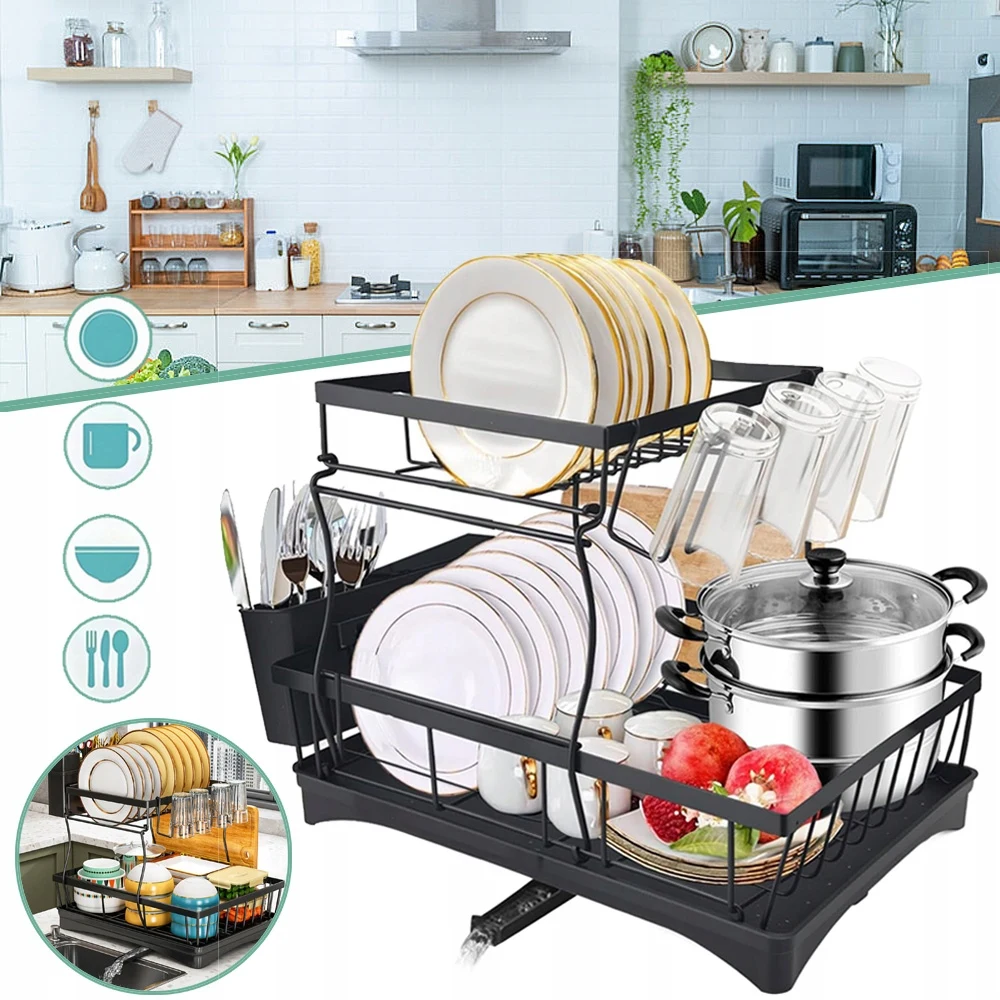 Égouttoir à vaisselle à 2 niveaux grand format avec bac de récupération des eaux, support à vaisselle peu encombrant avec porte-ustensiles pour évier de cuisine