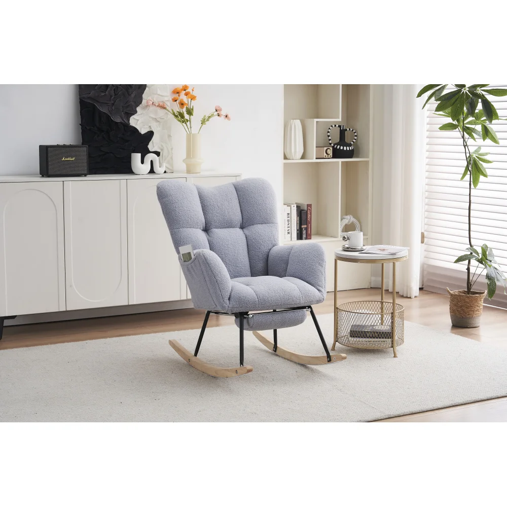 New Modern Teddy Fabric Upholstery Rocking Chair with Extendable Footrest Grey