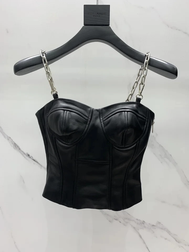 

2024SS Summer Luxury Fashion Sexy Chains Real Leather Vest Female Chic Tank Tops Tee