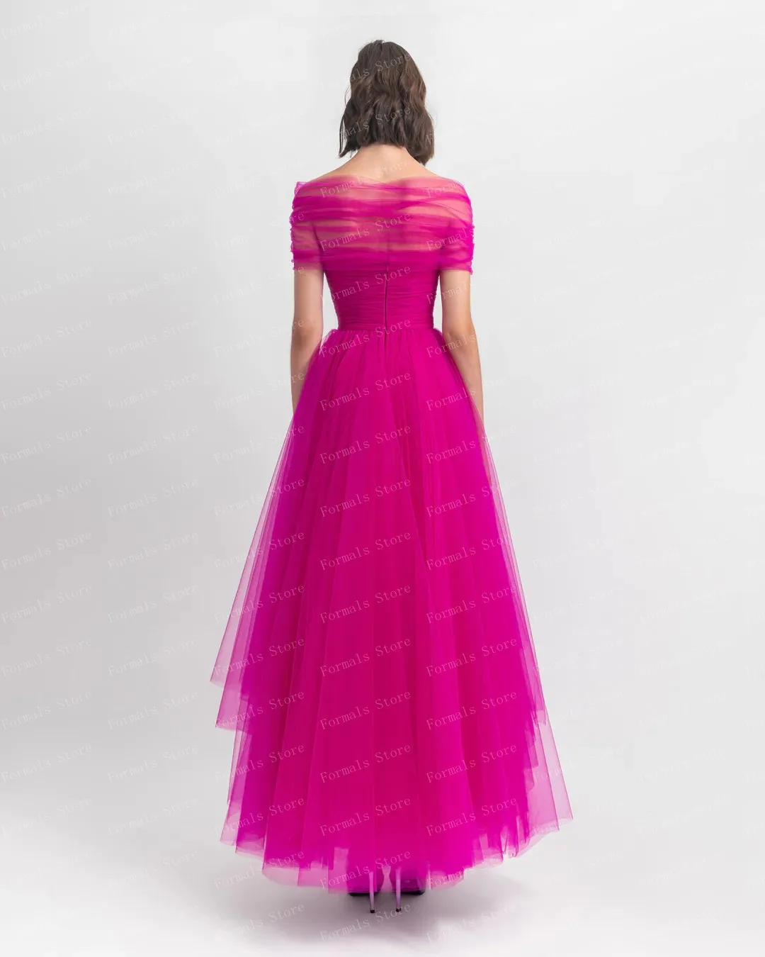 Off Shoulder Hot Pink A-line Tulle Dress Ankle Length High-low Evening Dresses Midi Long Prom Dress Custom Made Woman Clothes