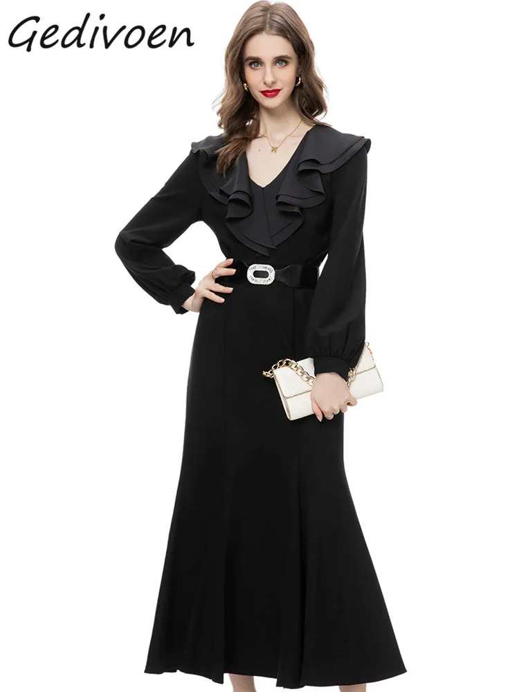 

Gedivoen Autumn Fashion Designer Black Vintage Mermaid Dress Women Lantern Sleeve Ruffles Sashes Package Buttock Slim Long Dress