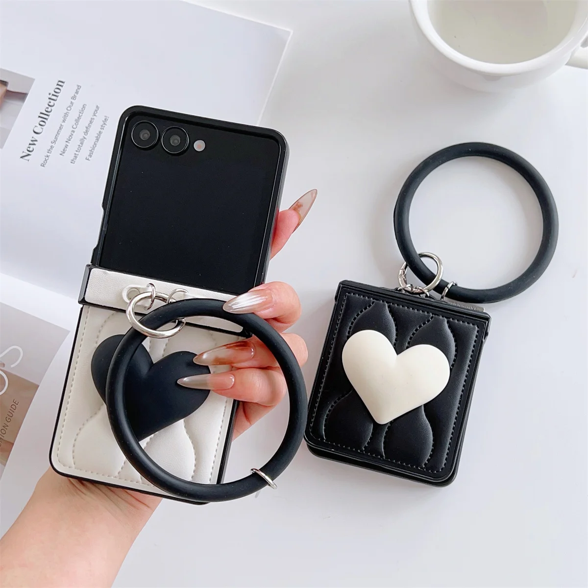 Lxuury موجة أسفل السترات القلب قضية الهاتف مع حلقة سوار لسامسونج غالاكسي Z فليب 7 6 5 4 3 Z Flip6 ZFlip 7 Zflip7 FE غطاء