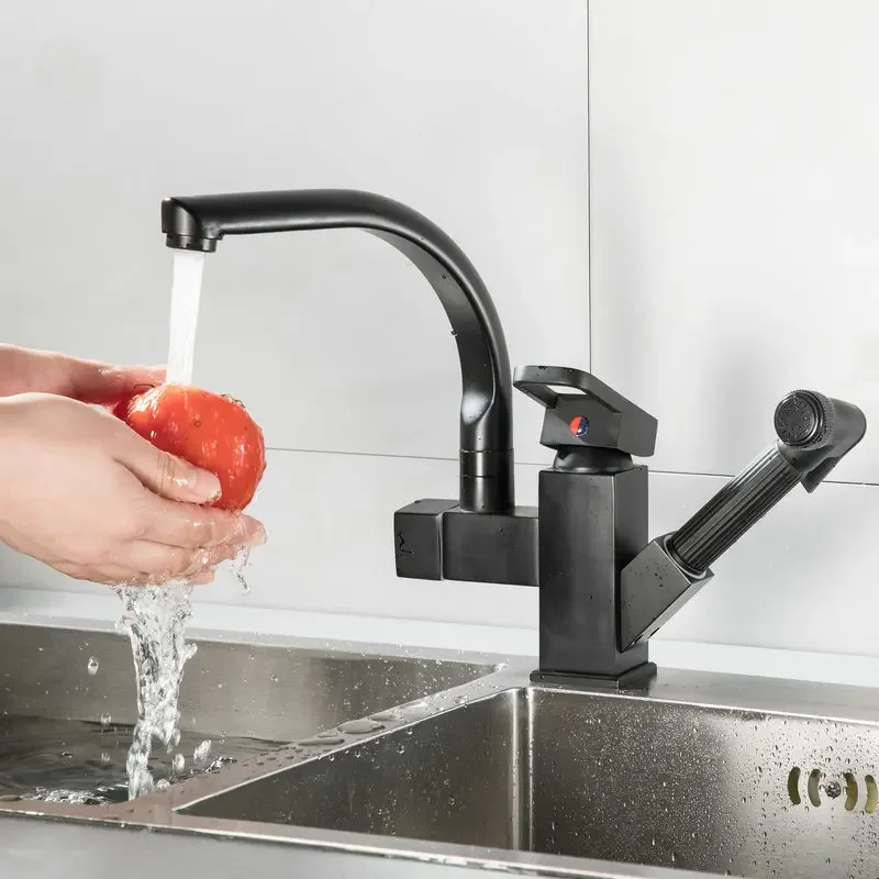 Kitchen Basin pull-out faucet double control pull-out booster spray gun robot single hole hot and cold water mixing faucet