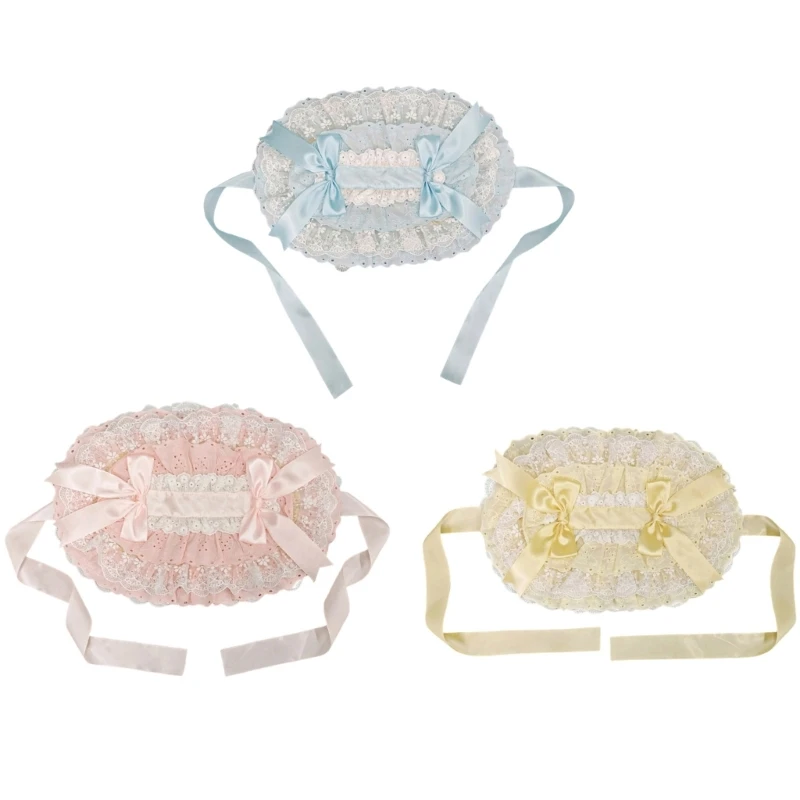 

340D Traditional Straw Bonnet Hat Soft Comfortable Flat Hat with Lace Bowknot Design For Women Daily Use and Formal Occasion