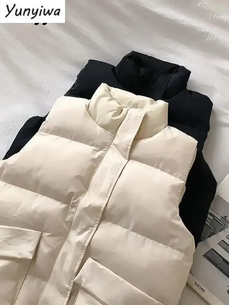 Chaleco para mujer Chaleco de invierno Negro Corto Coreano Stand Down Chaleco de algodón Casual Suelto Sin Mangas Outwears