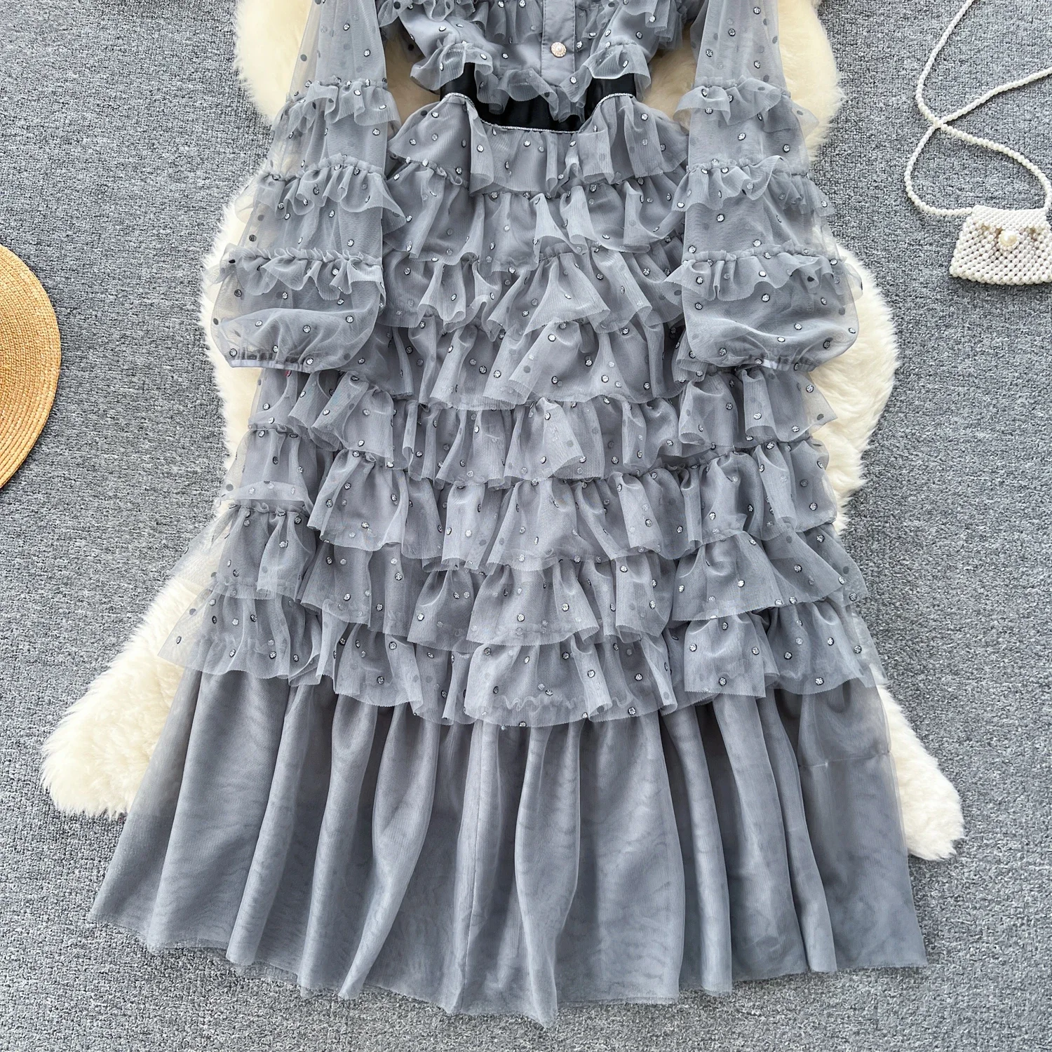 French Vintage Gauze Rhinestone O-neck Patchwork Folds Bow Puff Sleeves Long Sleeves Dress Casual Women Fashion Autumn Dress