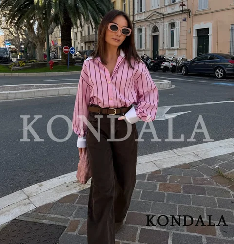 Imagen 2 del producto Camisas Casuales a Rayas Rosas KONDALA para Mujer, Camisas Modernas con Botones y Solapa para Vacaciones, Nueva Moda Primavera-Verano 2026, Camisa de Estilo Urbano