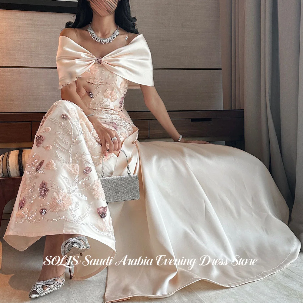 

SOLIS Champagne Prom Dresses Off Shoulder Celebrity Dresses Short Sleeves Straight Evening Dress with Statement Bow Customized