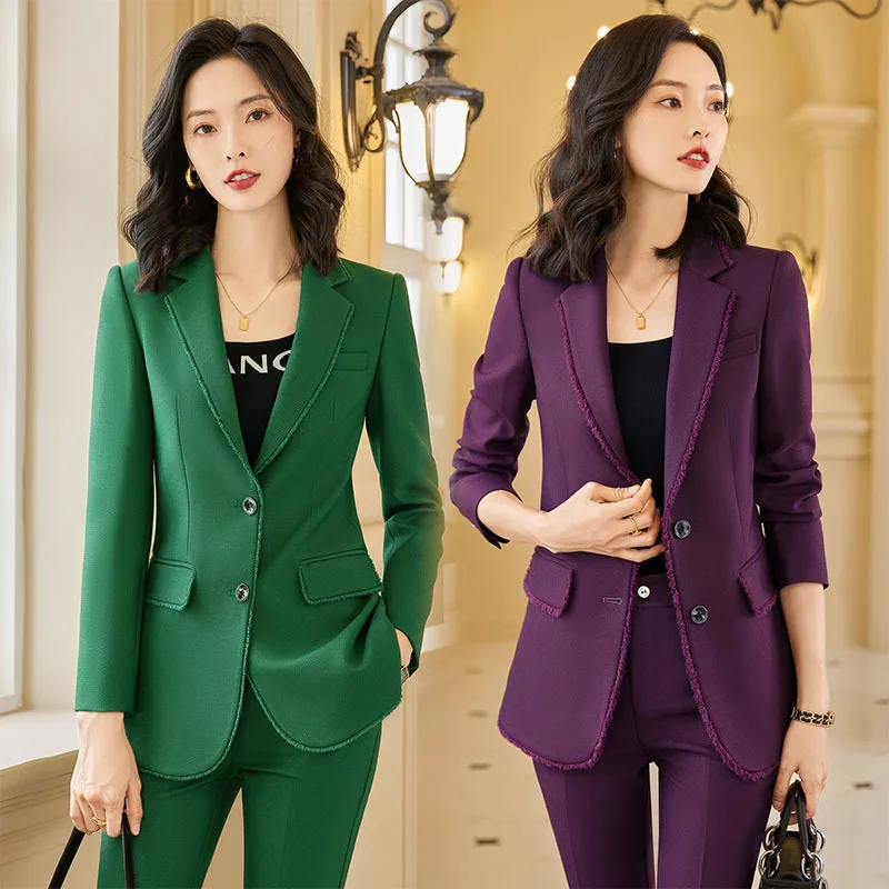 

Long Sleeve Two-Button Purple Business Wear Elegant Slim Fit Slimming Work Uniforms Black Formal Wear Green Suit