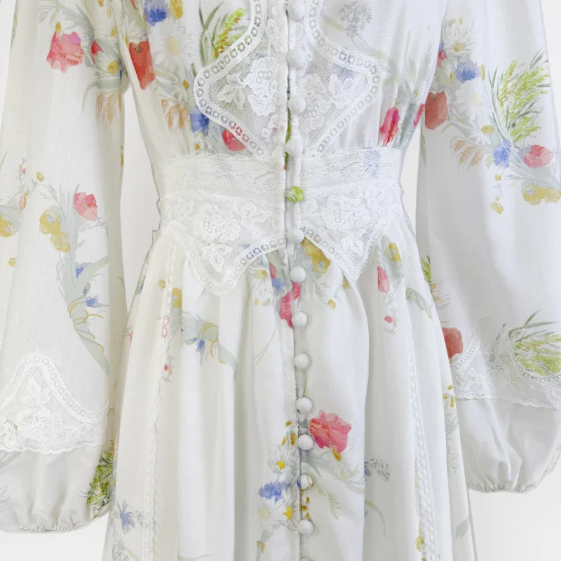 Rétro Vaion imprimé brodé lin lourd Dr V Ne bouton fée longue Dr femmes taille haute une ligne jupe