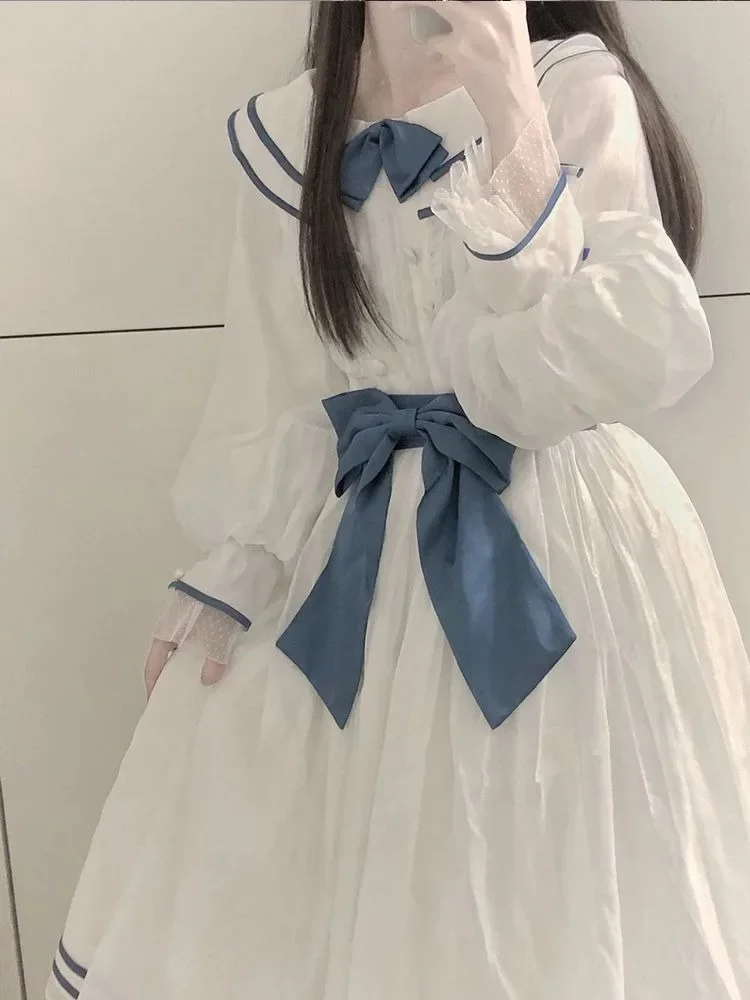 Harajuku Sweet Sailor Collar White Dresses Summer New Slim Waist Bow Vestidos Mujer Y2k E-Girl Long Sleeve Dress for Women