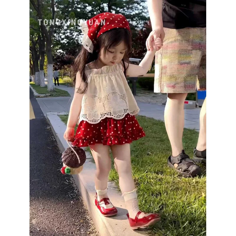 【Hair hoop for free】Girl's Little Red Riding Hood Mori Style Princess Style Super Fairy Popular Kindergarten Red Polka-Dotted We