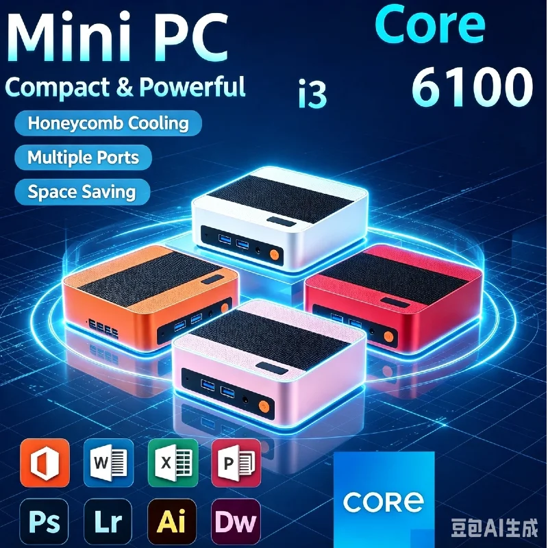 Portable Core i3-6100 New Mini PC, 16GB RAM, 1TB/2TB SSD, WiFi6 BT5.2, 4K 60Hz Playback, Ideal Small PC for Home Office & Study