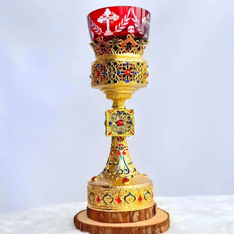 Byzantine Gold Plated Orthodox Liturgical Chalice with Enamel Red Gems for Church Communion Home Altar Prayer Devotion Christian