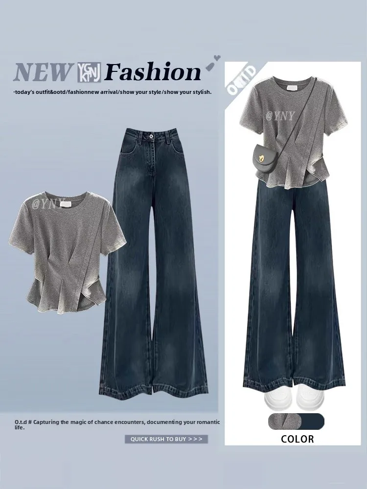 

Korean Sle Summer Set Women's oulder High Waist Slimming T-irt And Jeans Two-Piece Ensemble V-Ne ort Sve Long Pants