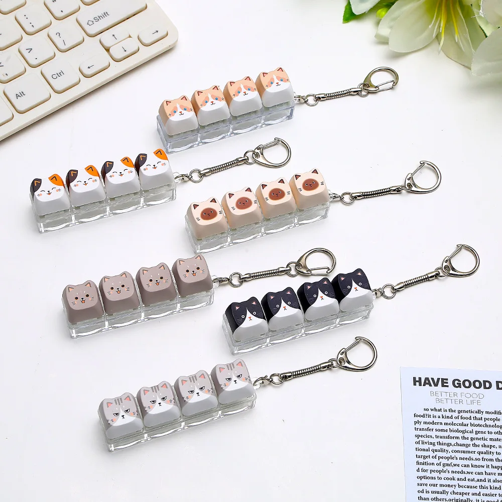 Finger-Tip Pressing Button Cat Fidget Clicker Keychain 4-Key Cute Cat Cat Mechanical Keyboard Keyring Kawaii Creative