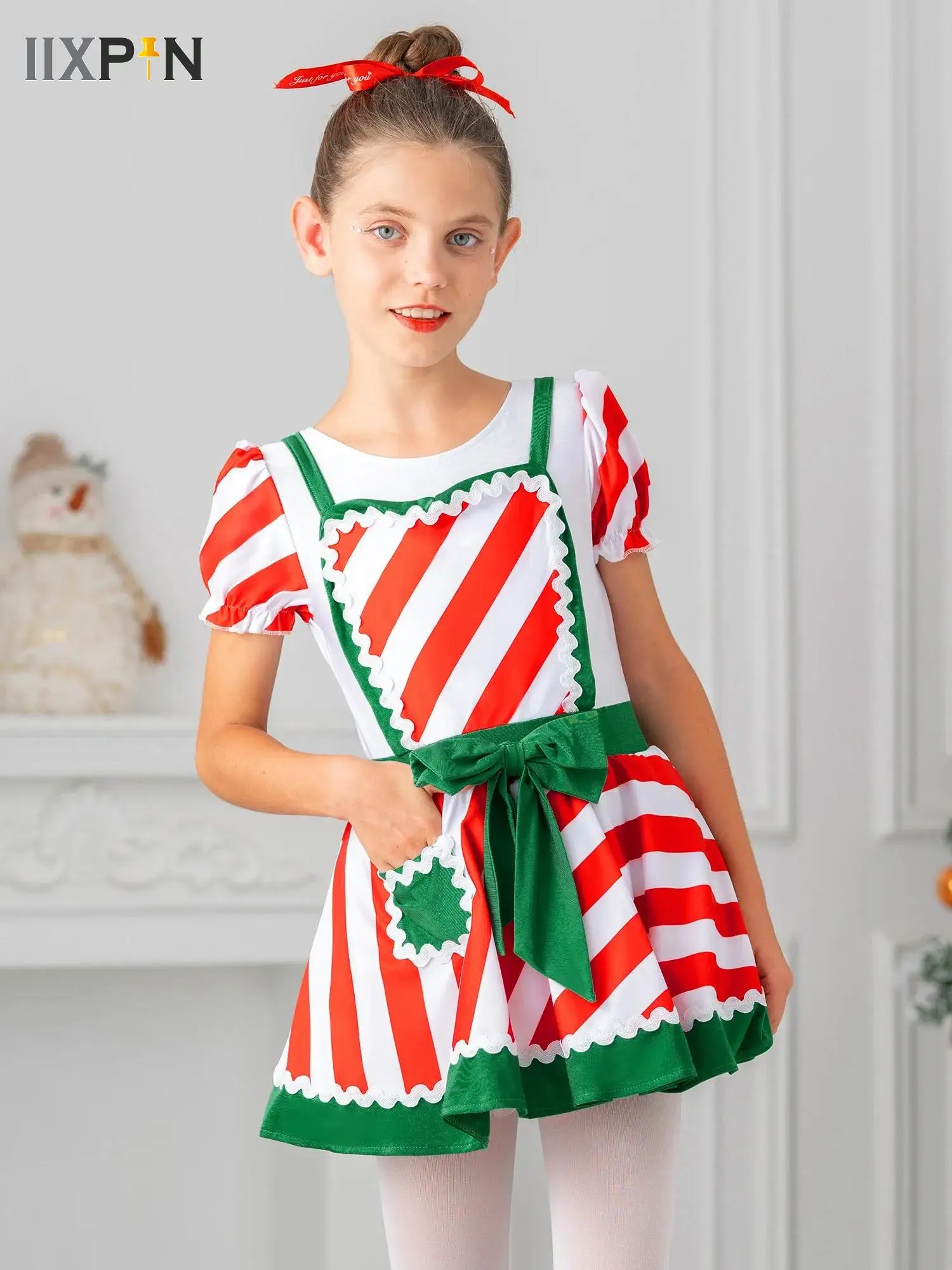 

Girls Christmas Elf Ballet Dance Tutu Dress Festival Santa Clause Cosplay Party Costume Ruffle Striped Bow Tutu Dress Up Clothes