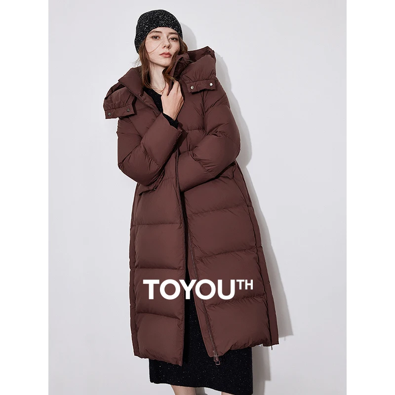 TOYOUTH Women 90% White Duck Down Jacket 2024 Winter New Ankora Red Hooded Knee Length Thicking Warm Down Coats