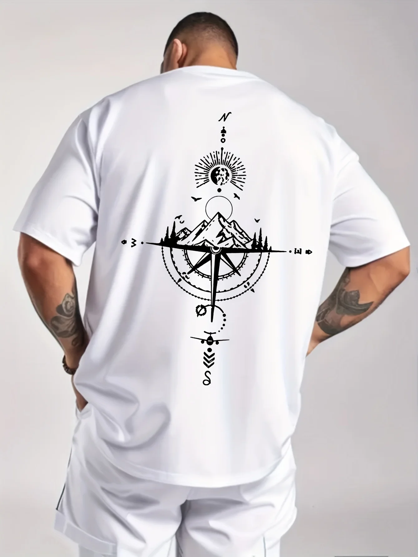 2026 Summer Men's 100% Cotton Crew Neck T-Shirts, Loose Retro Large Compass Print Casual Sports Comfortable Tops