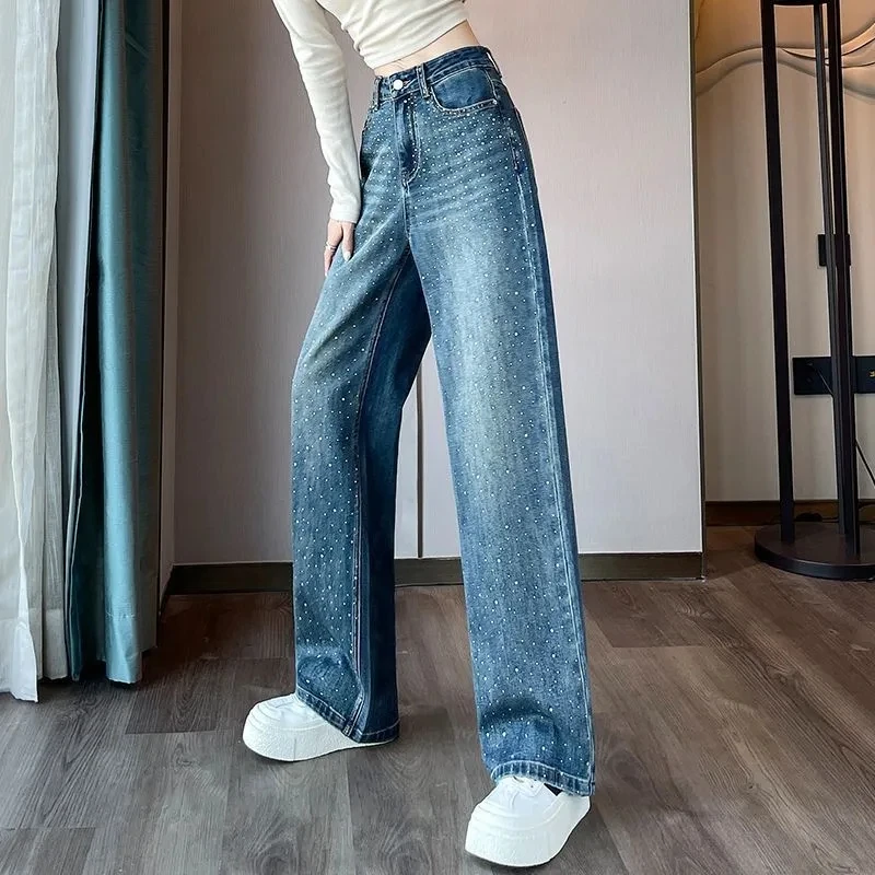 Women Korean Hot Diamond Jeans Spring Autumn Chic Loose Wide Leg Denim Pants Female High Waisted Straight Leg Long Trousers