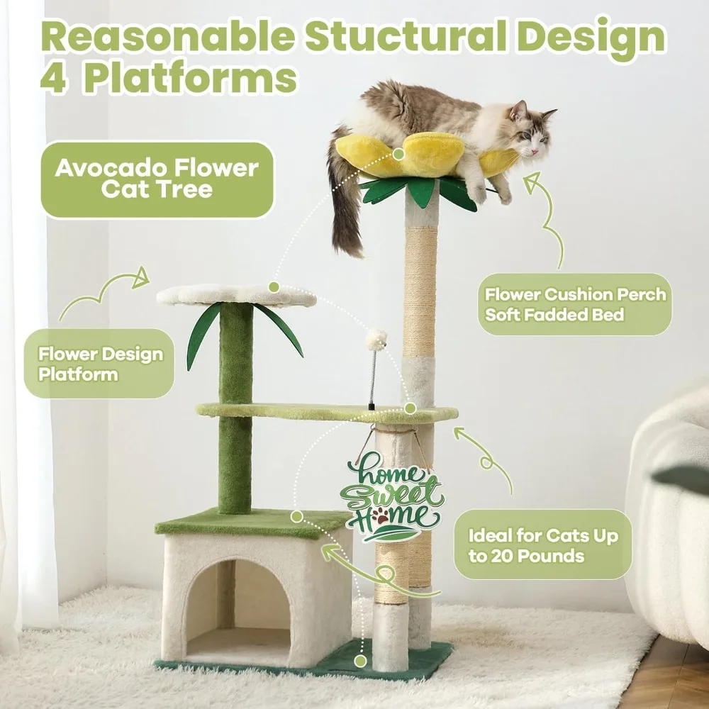 47.5-Inch Cute Avocado Flower Garden Cat Tree Tower Condo House Furniture Bed Plush Ball Activity Platform