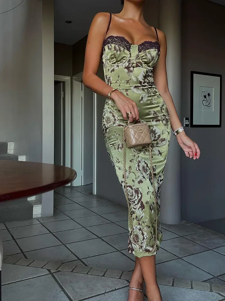 Renda retalhos moda impresso saco hip split vestido 2025 verão roupas femininas festa clubwear cinta de espaguete vestidos midi