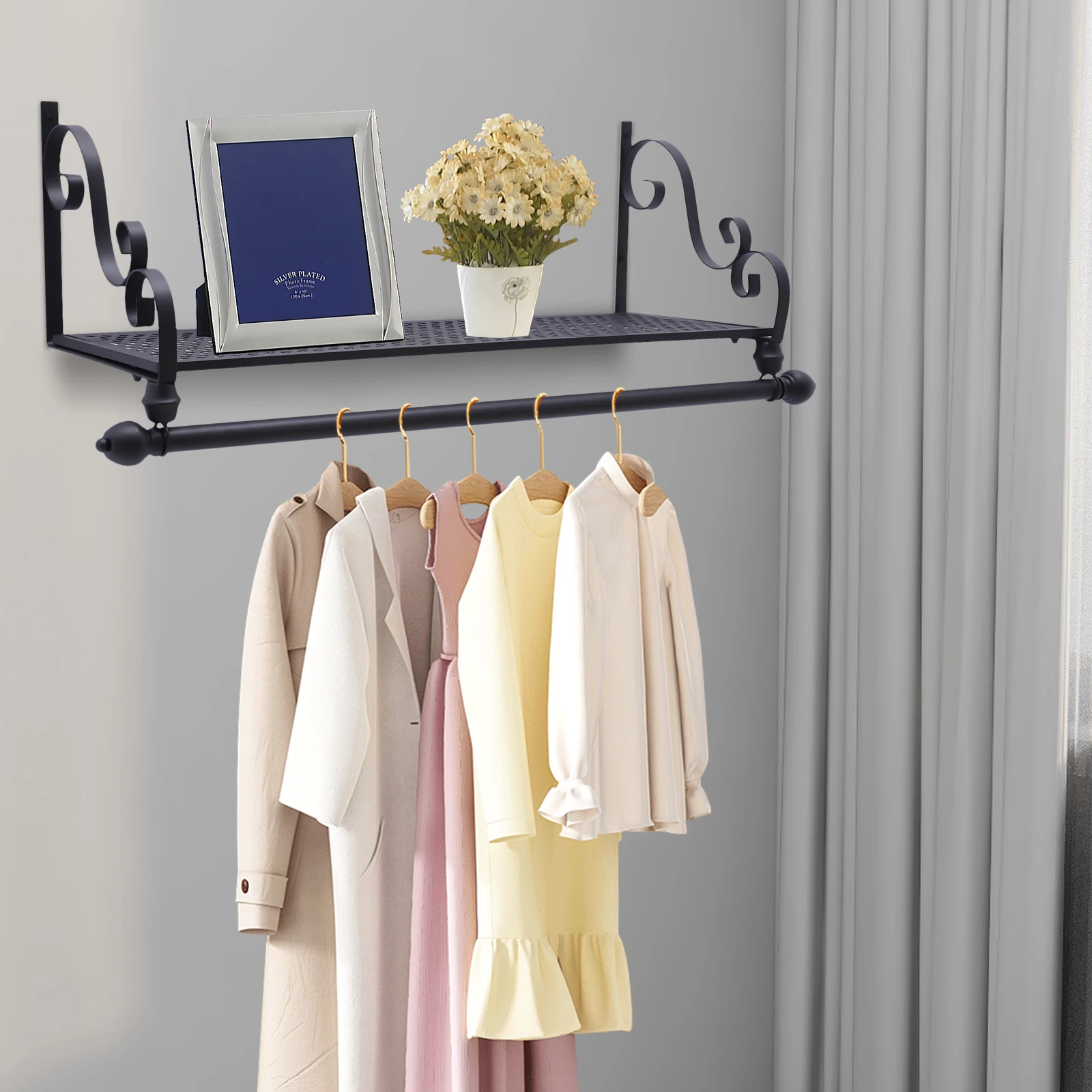 Hanging Wrought Iron Coat Rack Storage Shelf Wall Mounted With Iron Clothing Rod, Clothes Shelf Rack Closet Organizer