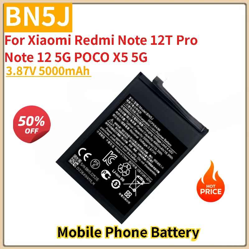 High Capacity Phone Battery BN5J 3.87V 5000mAh For Xiaomi Redmi Note 12T Pro Note 12 5G POCO X5 5G Brand-New High Quality