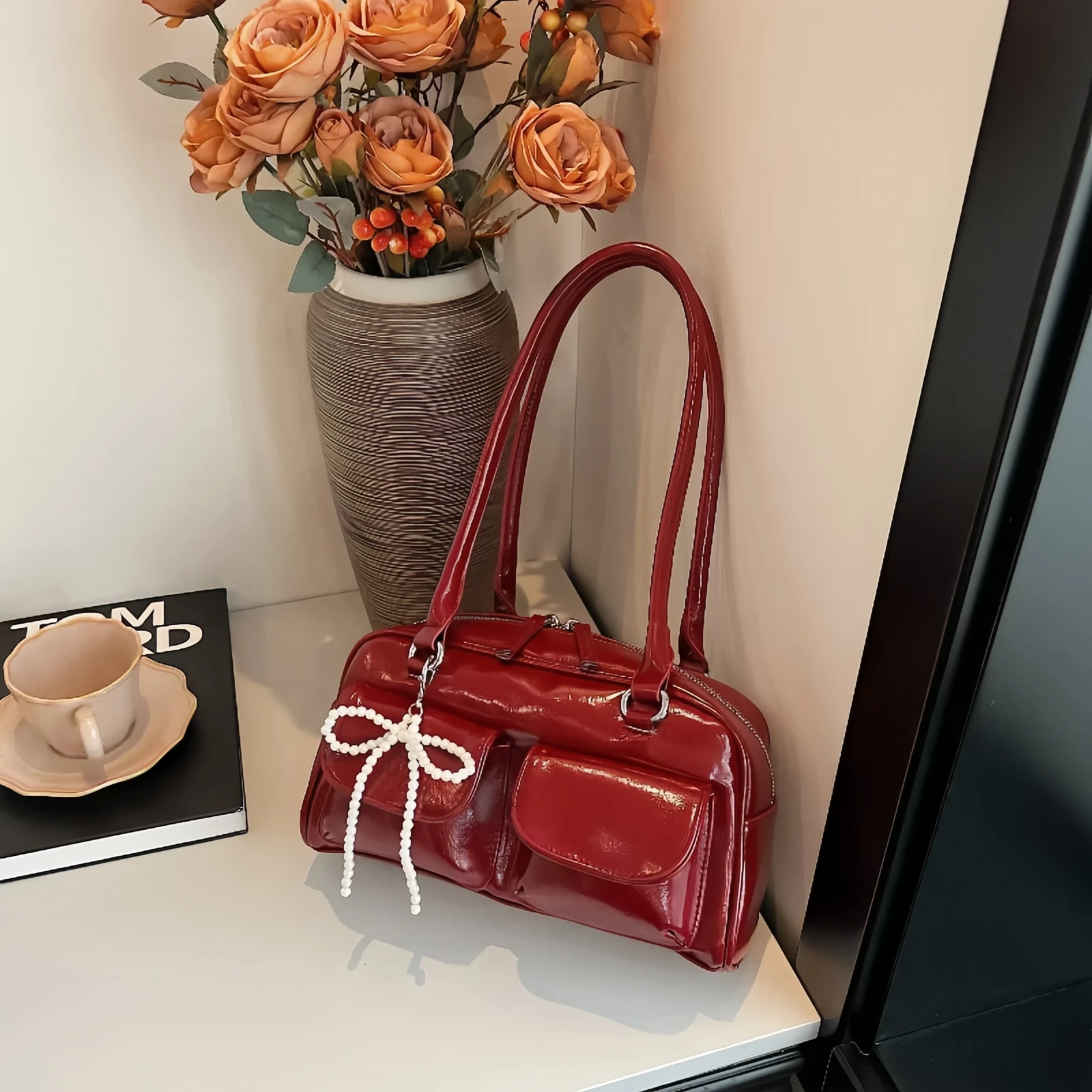 

Women's Solid Color Boston Bag - Stylish work social crossbody day tote bag, premium minimalist shoulder bag-tan