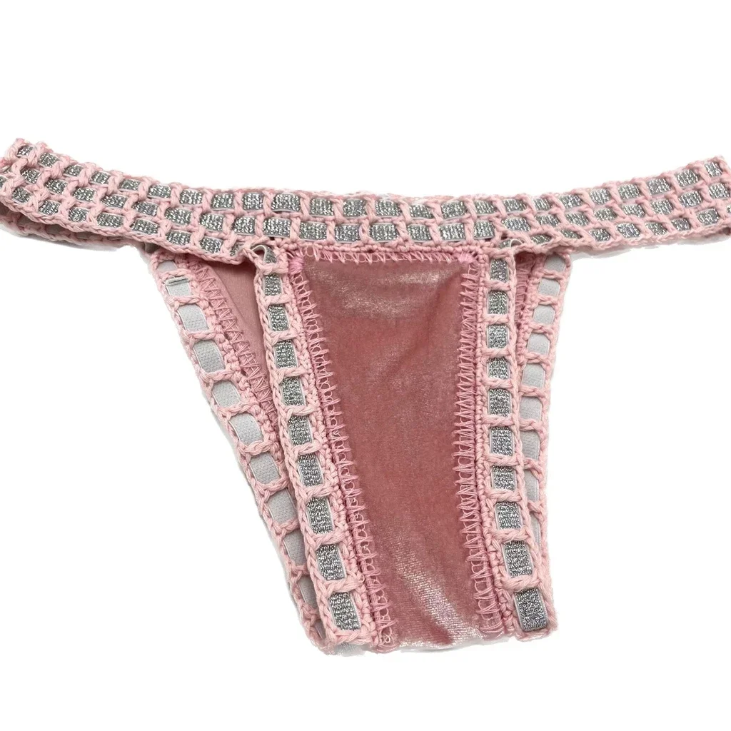 المرأة الأخضر المخملية مجموعة البكيني مثير اليدوية الكروشيه الأسود ملابس الفتيات الوردي السباحة بحر مثلث المايوه ملابس السباحة