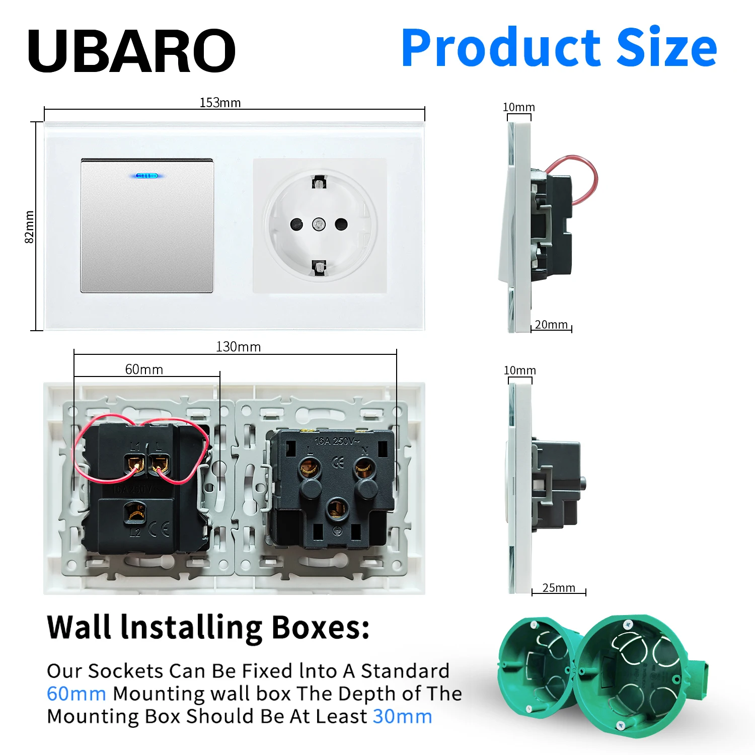 UBARO EU 153*82mm Luxury Glass Panel Wall Rocker Switch 10A Socket 16A Electrical Outlet And Lamp Sensor Button Led Indicator