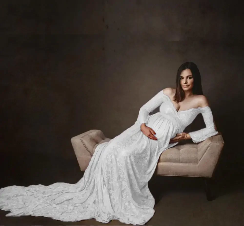 Long Maternity Dresses For Photo Shoot Sexy Lace Fancy Pregnancy Dresses Flare Sleeve Pregnant Women Maxi Gown Photography Props