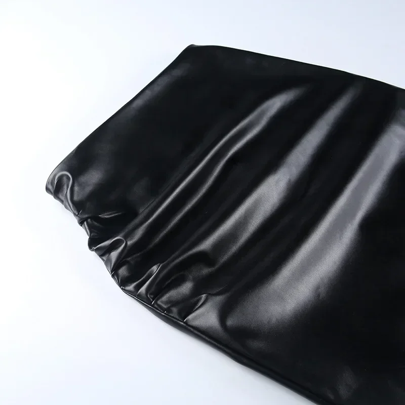 خريف شتاء أسود بولي Leather الجلود تنّورة مجسّمة موضة عالية الخصر نحيل تنورة طويلة للنساء الشارع الشهير الكورية نمط تنورة بيضاء