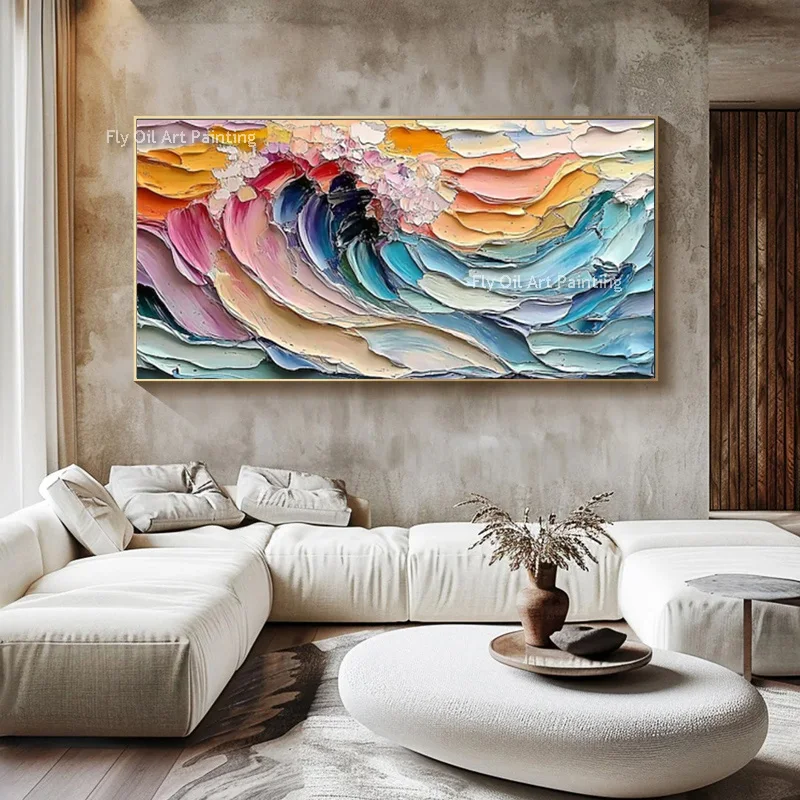 

Большая картина маслом ручной работы «Морская волна» на холсте, сине-оранжевая, с толстыми белыми и коричневыми блоками, для домашнего декора, в подарок