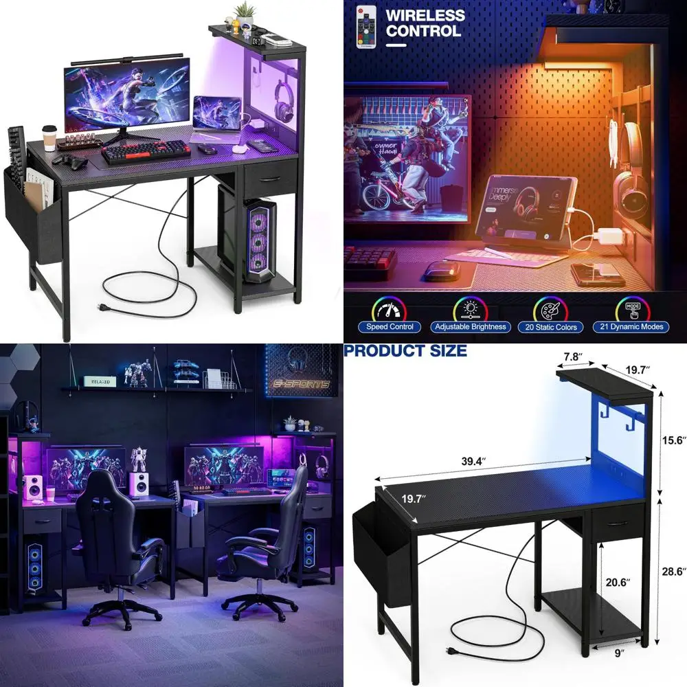 

40 Inch Grander Gaming Desk with Power Outlet, LED Light, Reversible Shelves, and Storage Drawer for Compact PCs