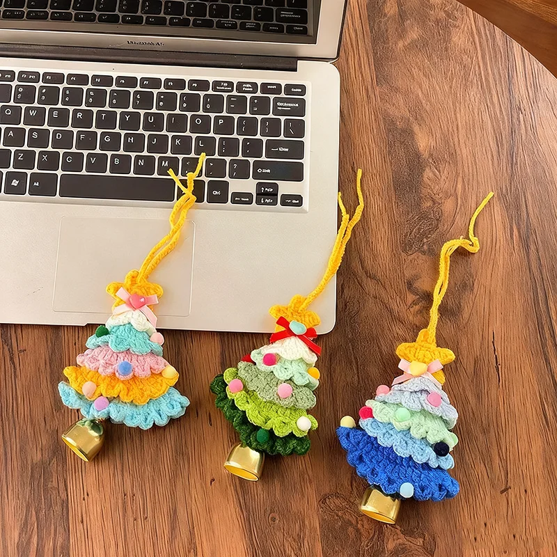 

Crochet Knitted Christmas Tree Rearview Mirror Hanging Pendant Plush with Jingle Bell Christmas Party Interior Decor Accessories