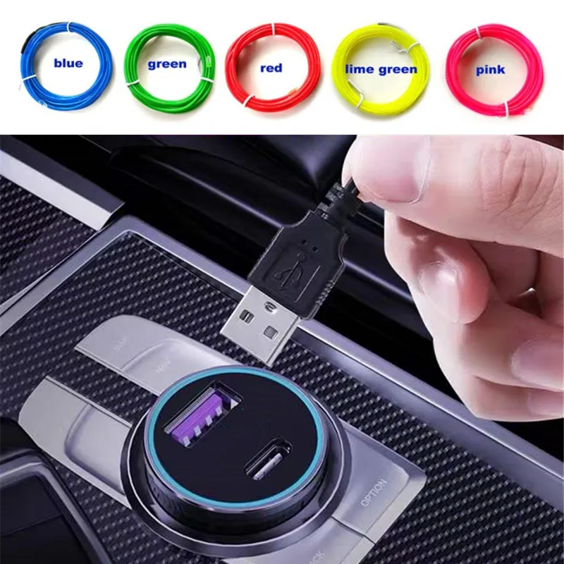 

1M/2M/3M/5M EL Wire Car Interior Neon Light Tube Rope LED Flexible Lights Interior Ambient Strip Lamp Auto Accessories